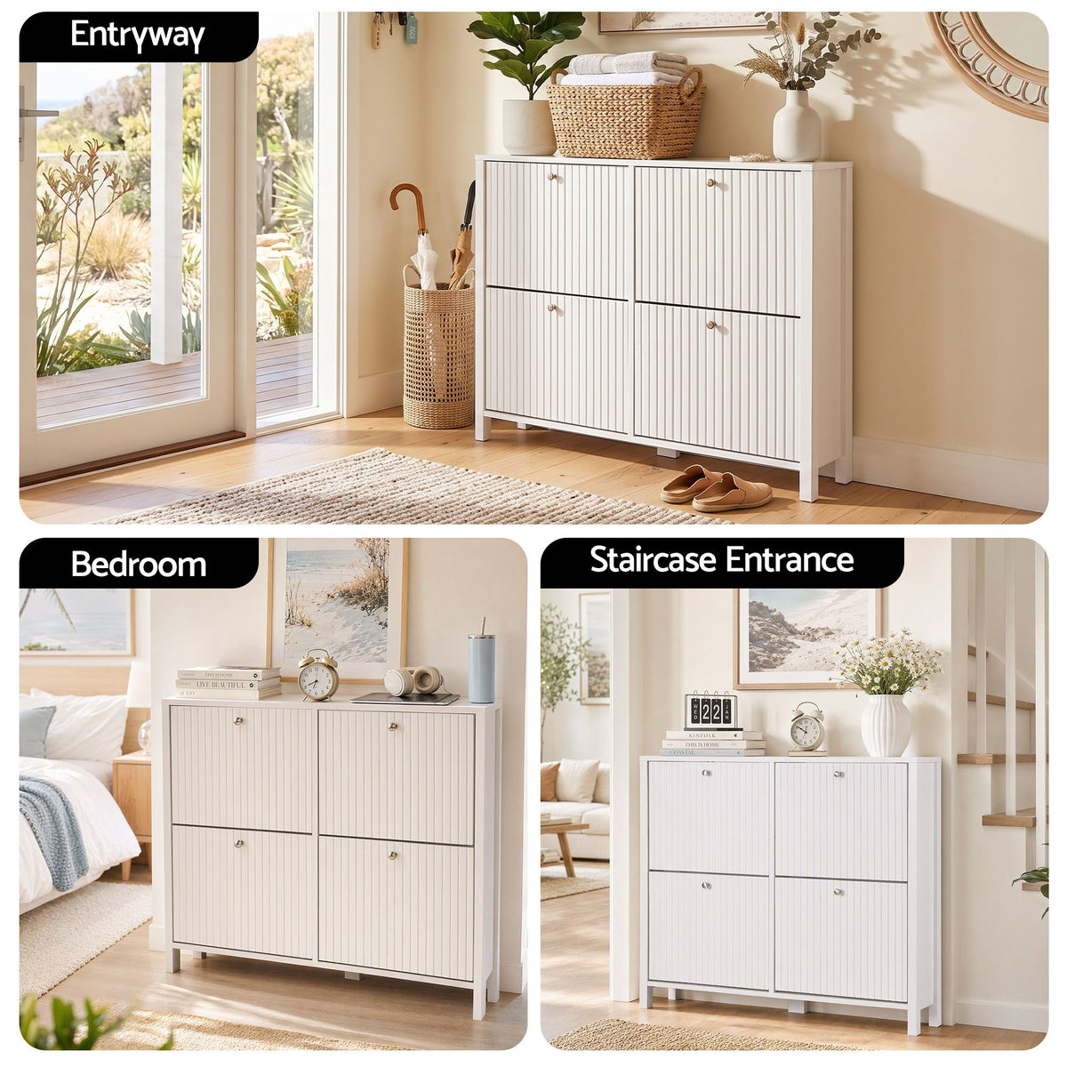 Artiss Shoe Cabinet 4 Flip Drawers Fluted Style Adjustable Shelves White
