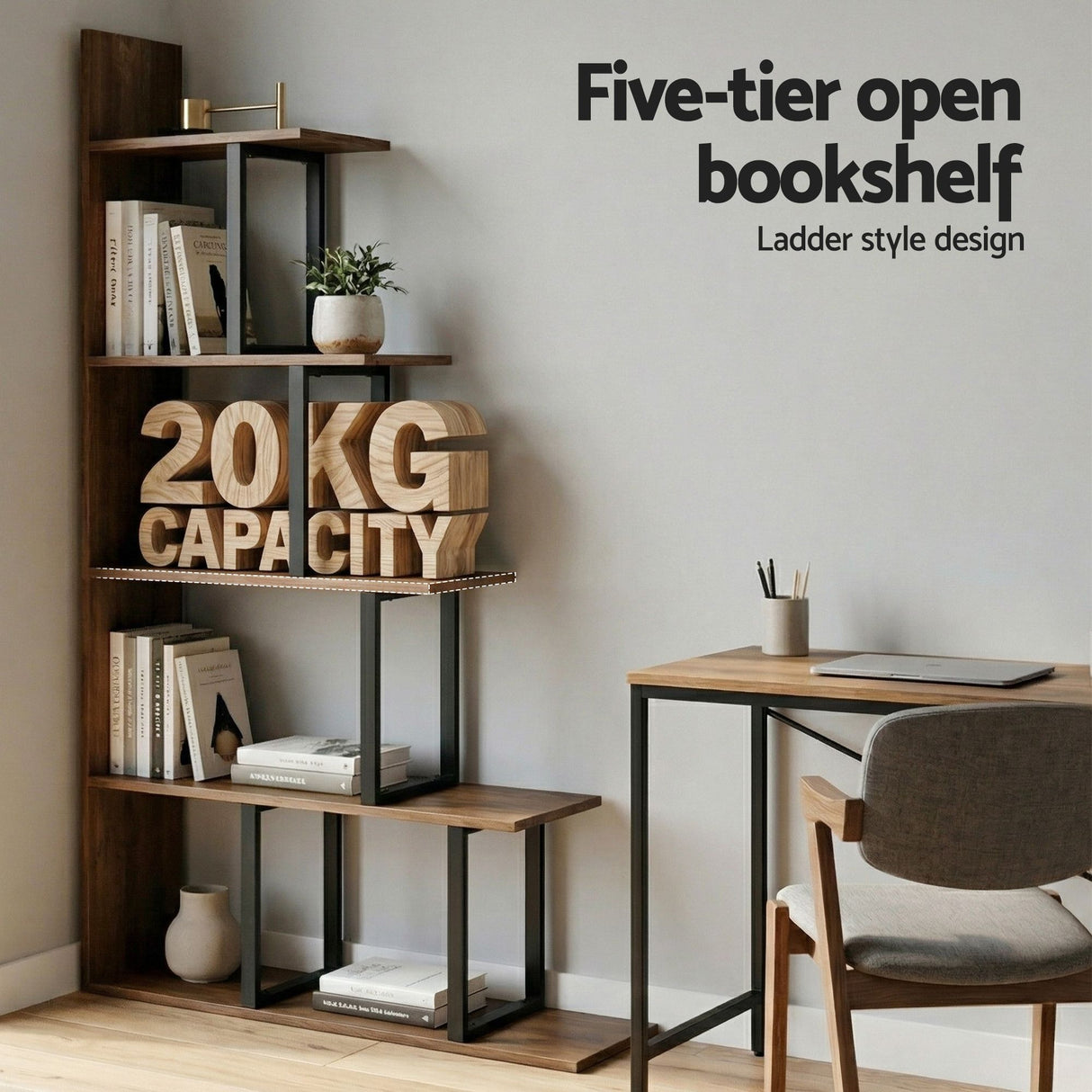 Artiss 5 Tiers Bookshelf Ladder Corner Shelf Bookcase Walnut