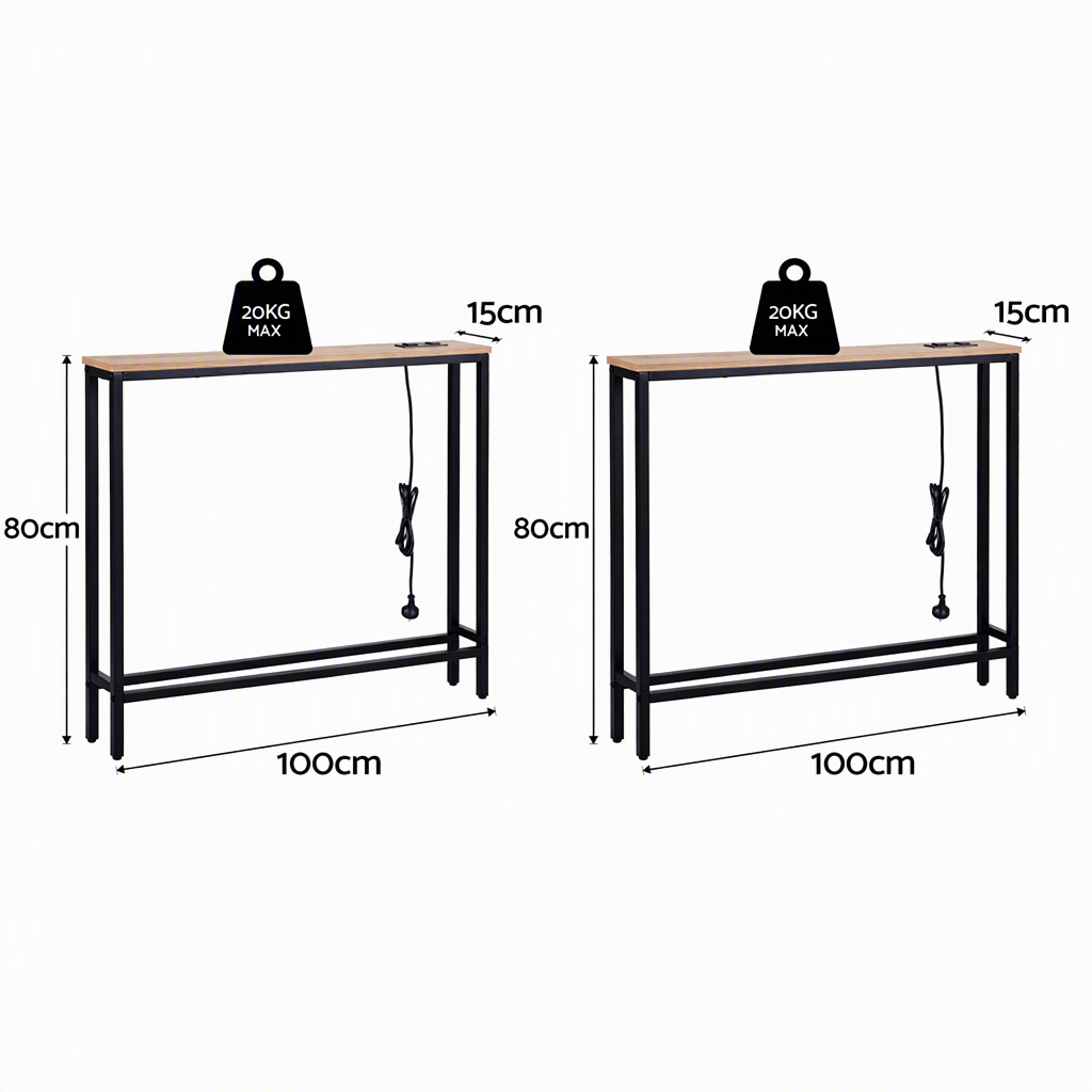 Artiss Set of 2 Narrow Sofa Console Tables with Charging Station, Wood