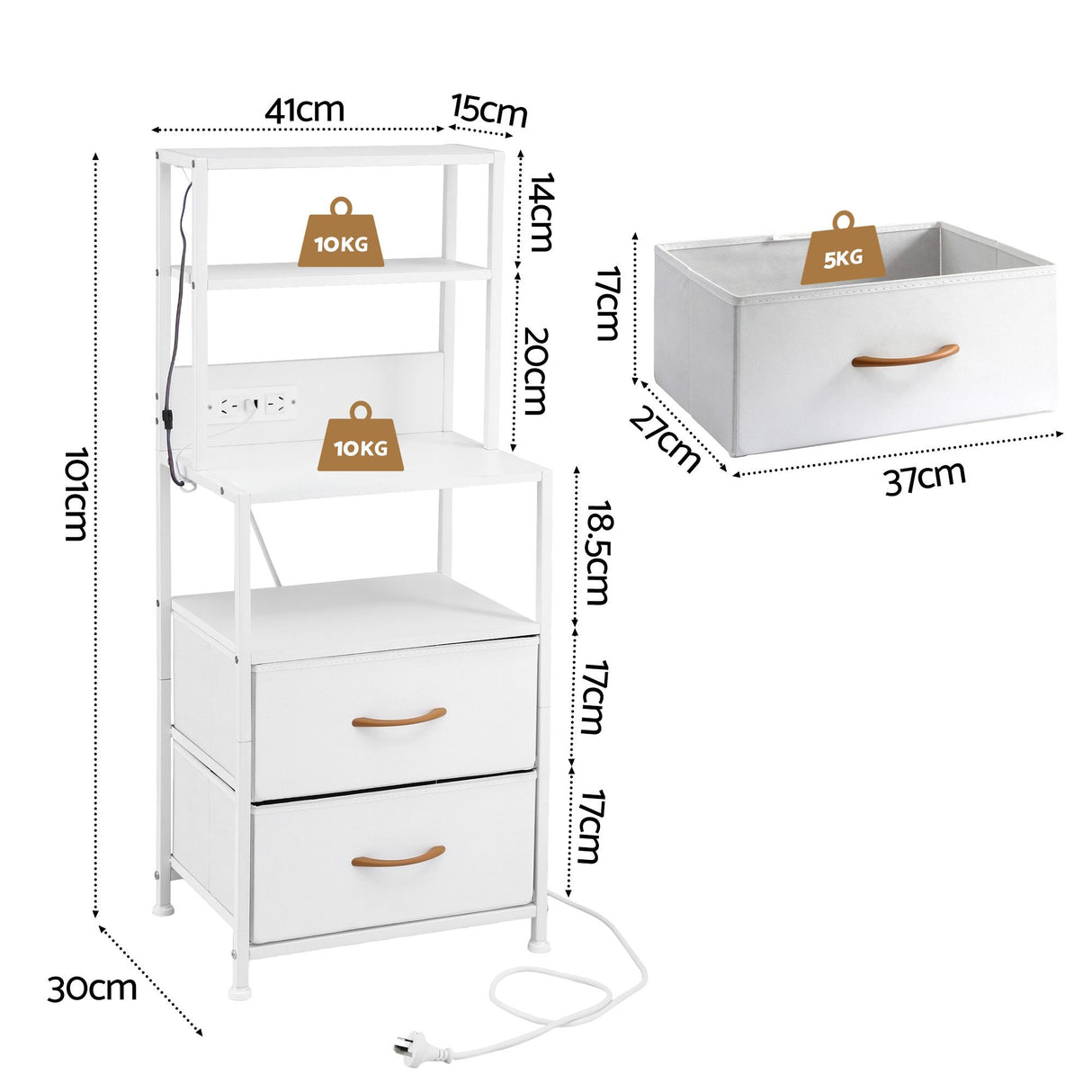 Artiss Bedside Table Tall Nightstand with Charging Station Drawers LED White