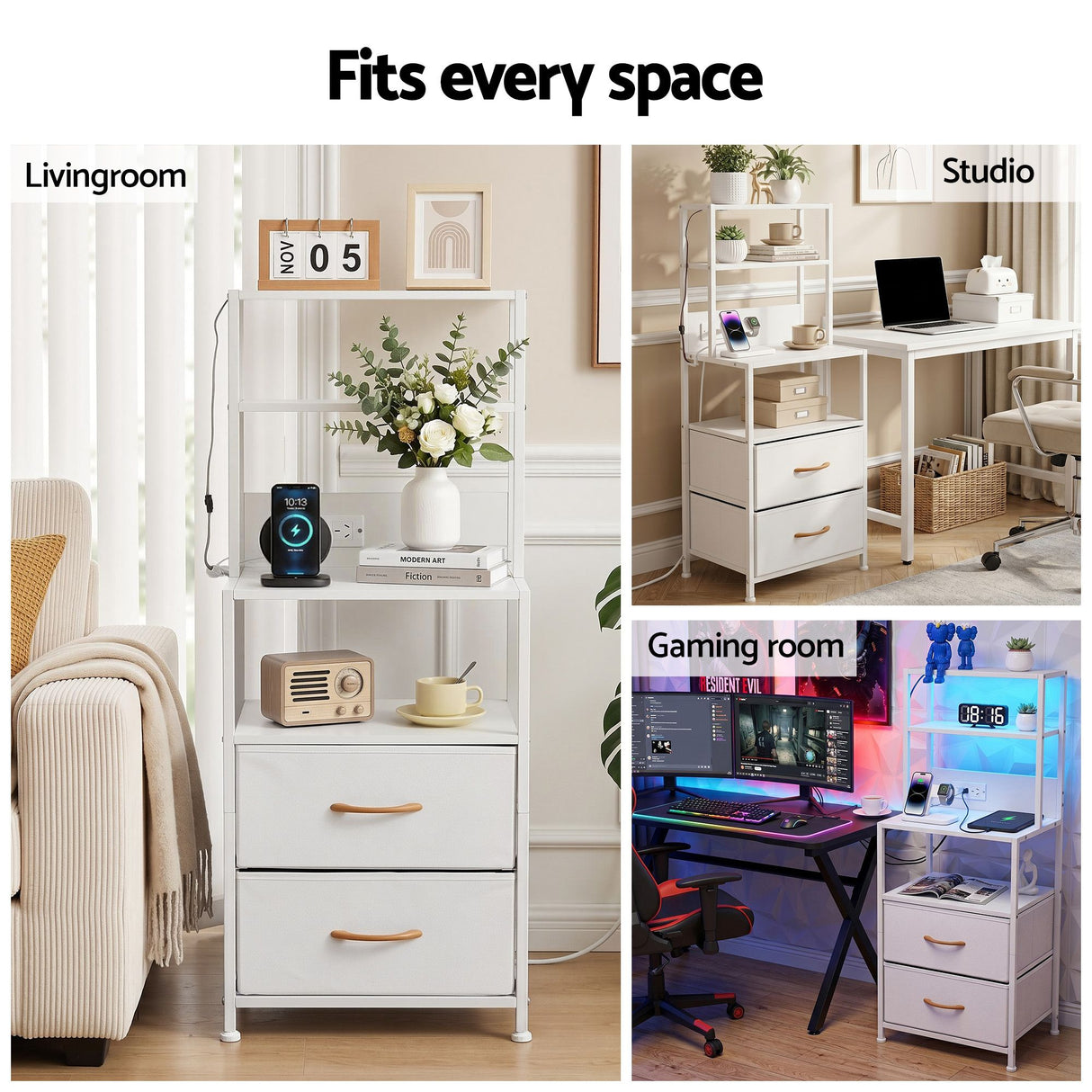 Artiss Bedside Table Tall Nightstand with Charging Station Drawers LED White