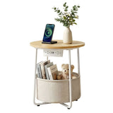 Artiss Round Coffee Table Side End Table Charging Station Storage Basket