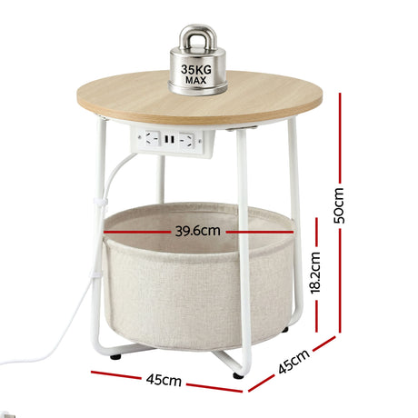 Artiss Round Coffee Table Side End Table Charging Station Storage Basket