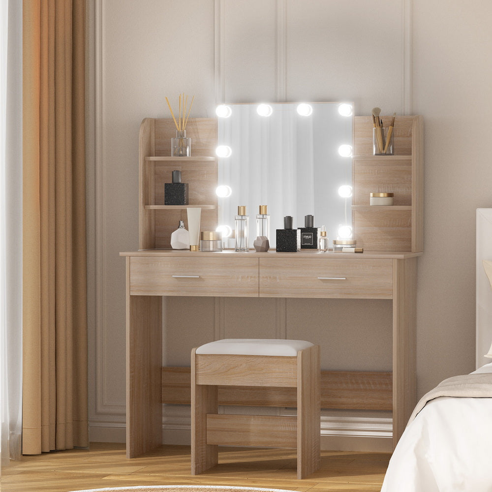 Artiss Dressing Table Set Stool 10 Led Bulbs Wood