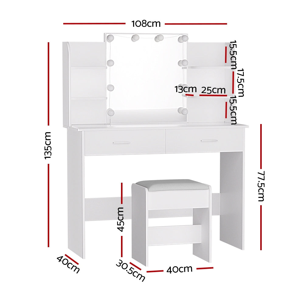 Hollywood Dulcea Dressing Table LED 10 Bulbs Makeup Mirror White