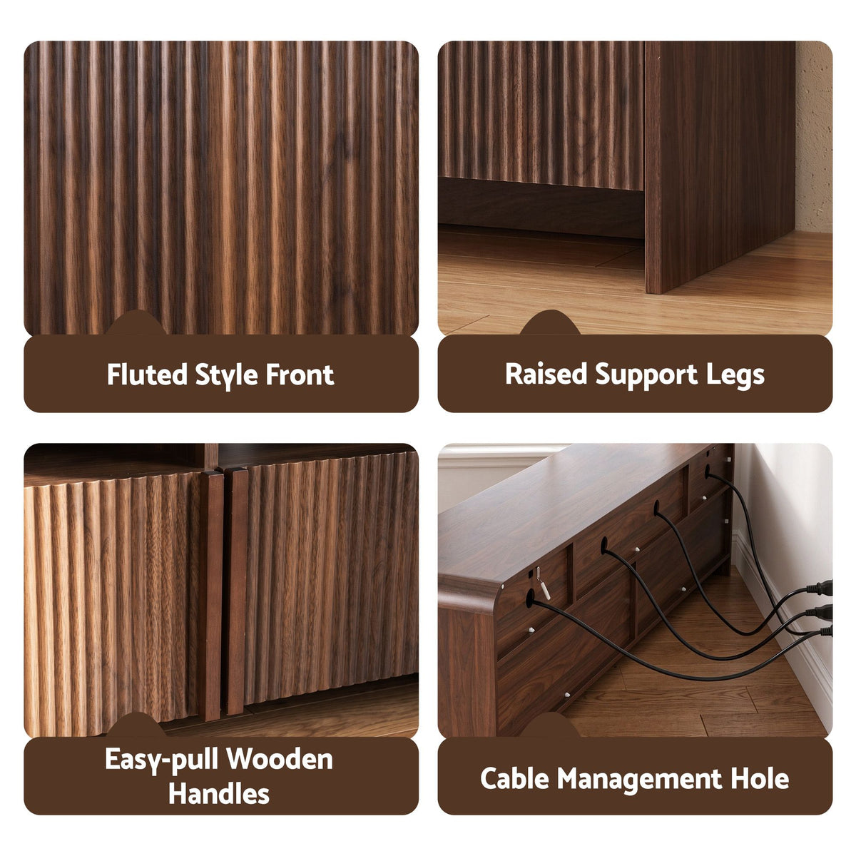 Artiss 180cm TV Unit Storage Cabinet Shelf Fluted Front Rounded Edge Anti-tip Kit Walnut