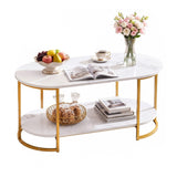 Artiss Coffee Table 2 Tier Oval Marble Finish Storage Shelf Metal Frame Center Table Living Room 100x50x45cm White & Gold