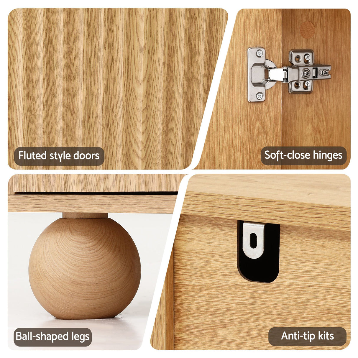 Artiss Buffet Sideboard Cabinet 2-Tier Fluted Kitchen Storage Ball Legs Pine