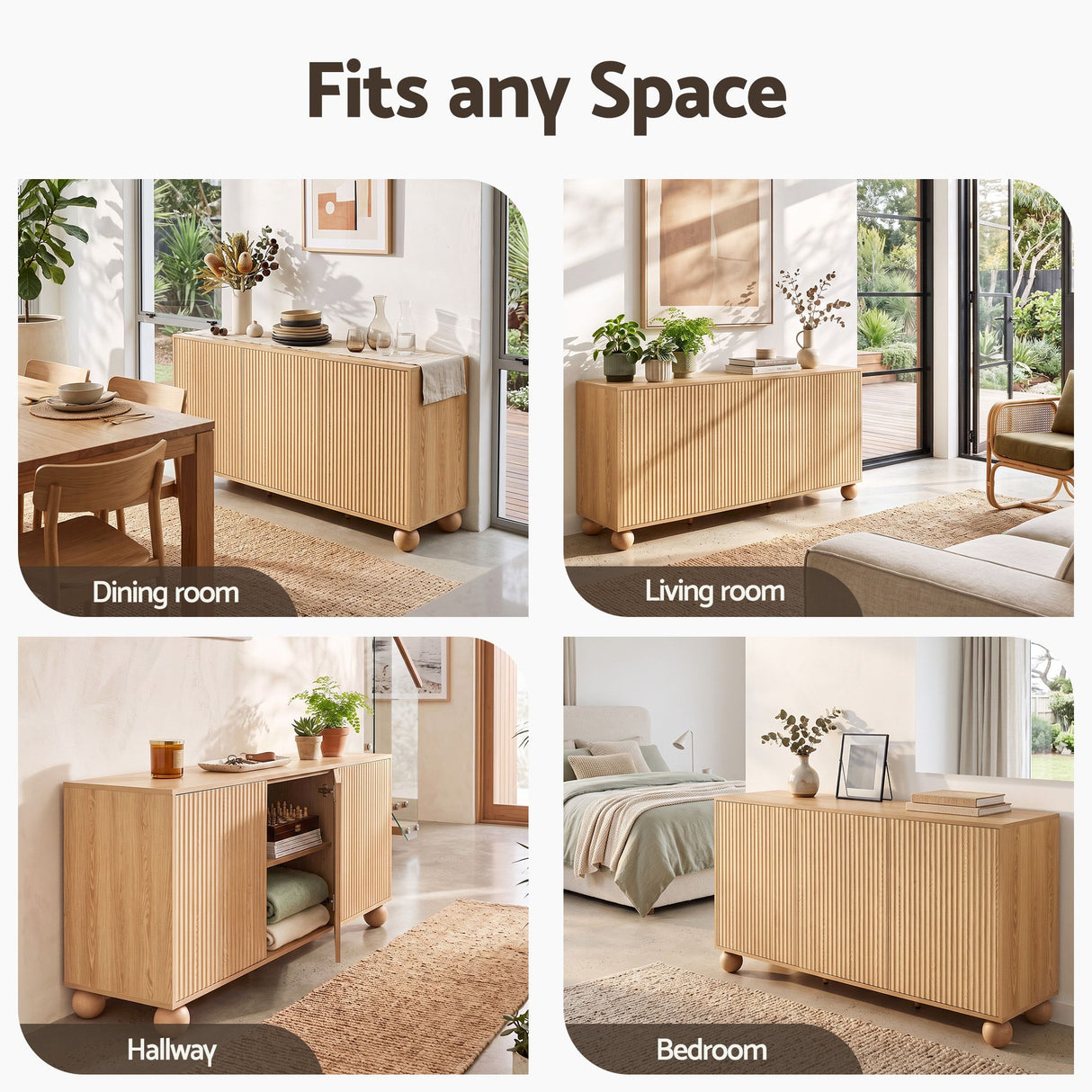 Artiss Buffet Sideboard Cabinet 2-Tier Fluted Kitchen Storage Ball Legs Pine