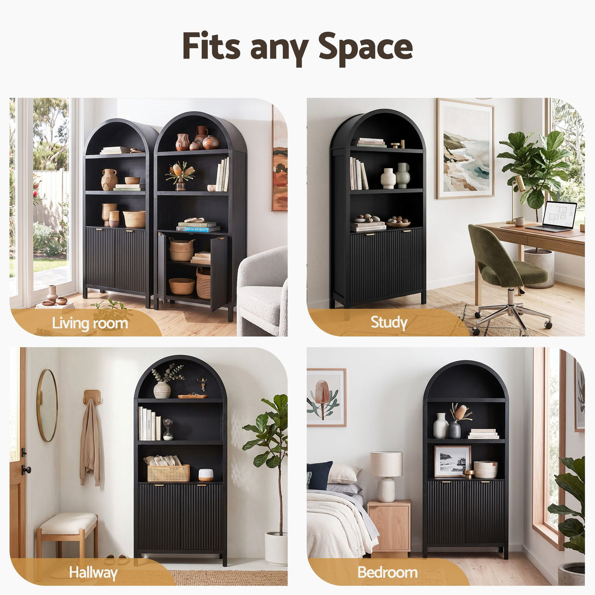 Artiss Buffet Sideboard Cabinet Pantry 180CM Arched Storage Bookshelf Black