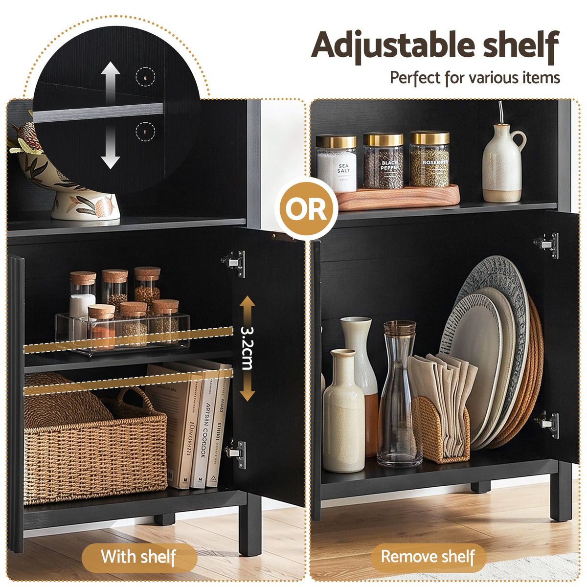 Artiss Buffet Sideboard Cabinet Pantry X2 180CM Arched Storage Bookshelf Black