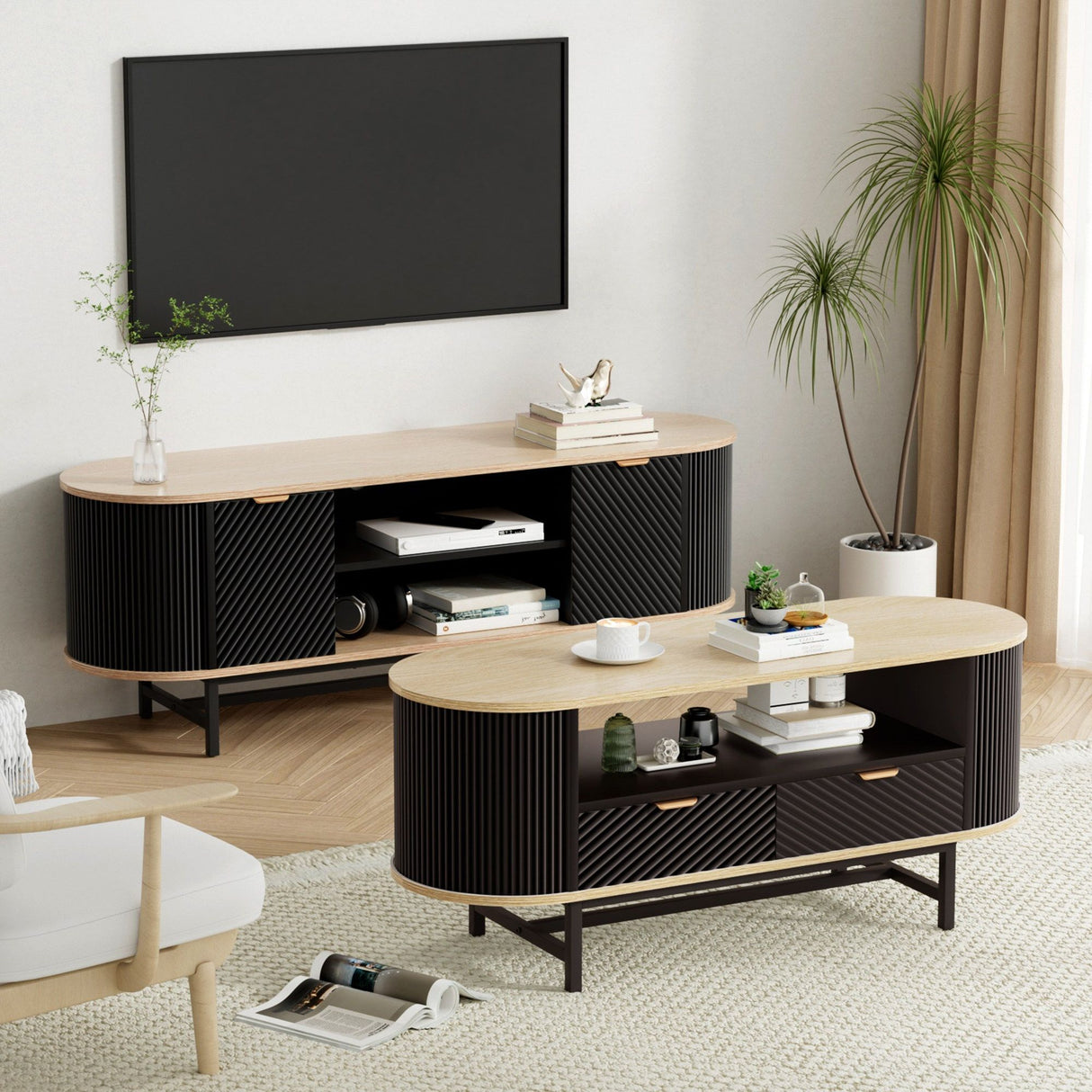 Artiss TV Unit & Coffee Table Set Storage Drawers Shelves Black Pine