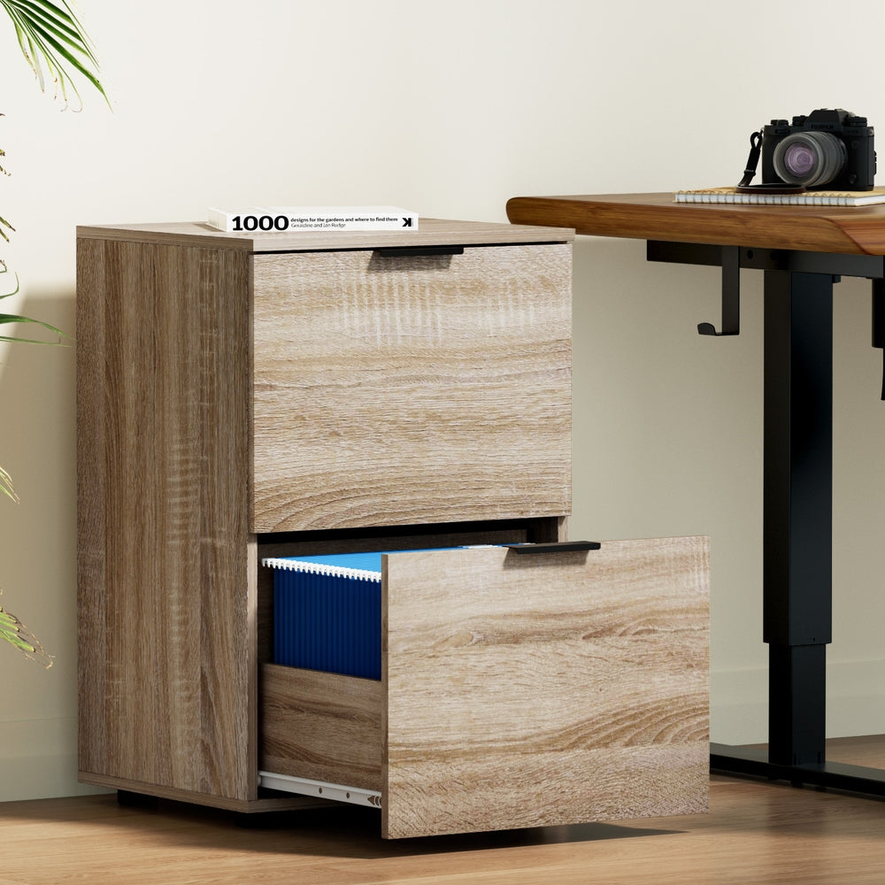 Artiss Filing Cabinet Files Storage Office Shelves File Organiser Oak 2 Drawer