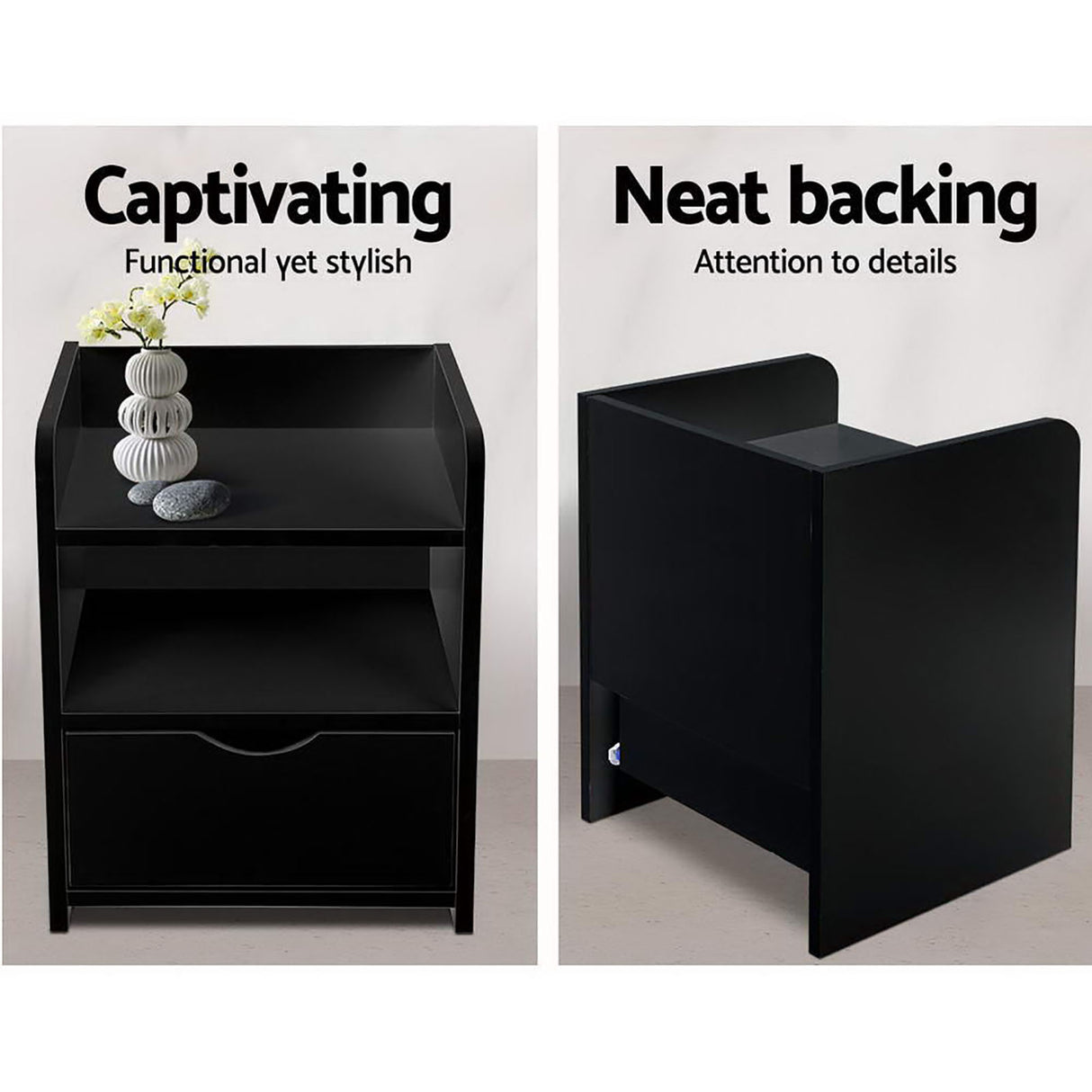 Artiss 2X Bedside Table 1 Drawer with Shelf - FARA Black