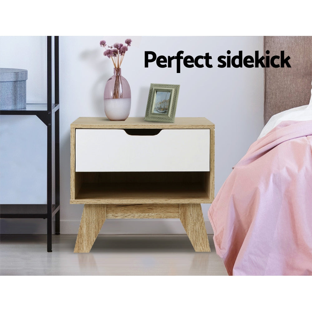 Aria Bedside Table 1 Drawer with Shelf - IKER White & Oak