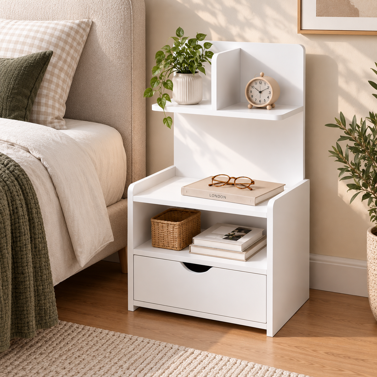 Artiss Bedside Table 1 Drawer with Shelves - EVERMORE White