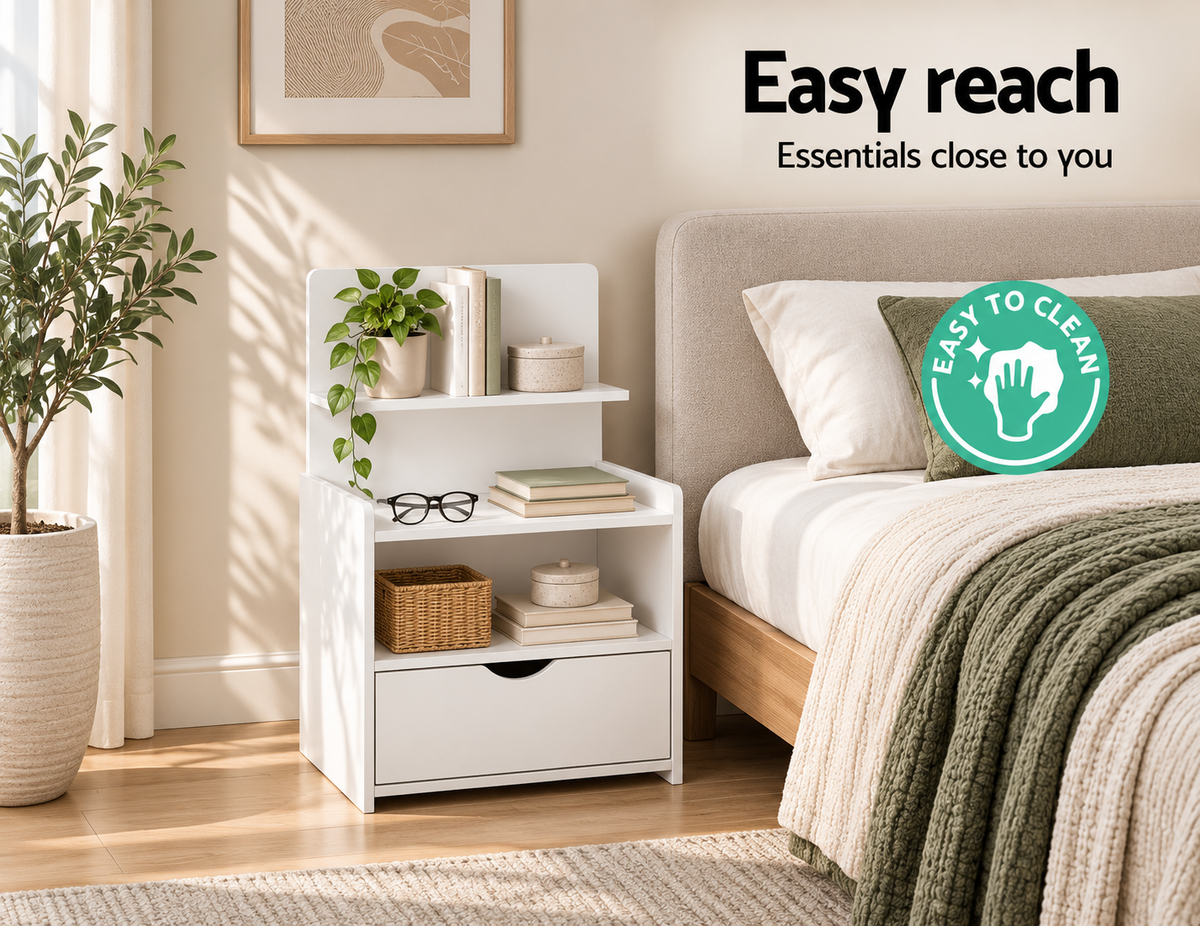 Artiss Bedside Table 1 Drawer with Shelves - EVERMORE White