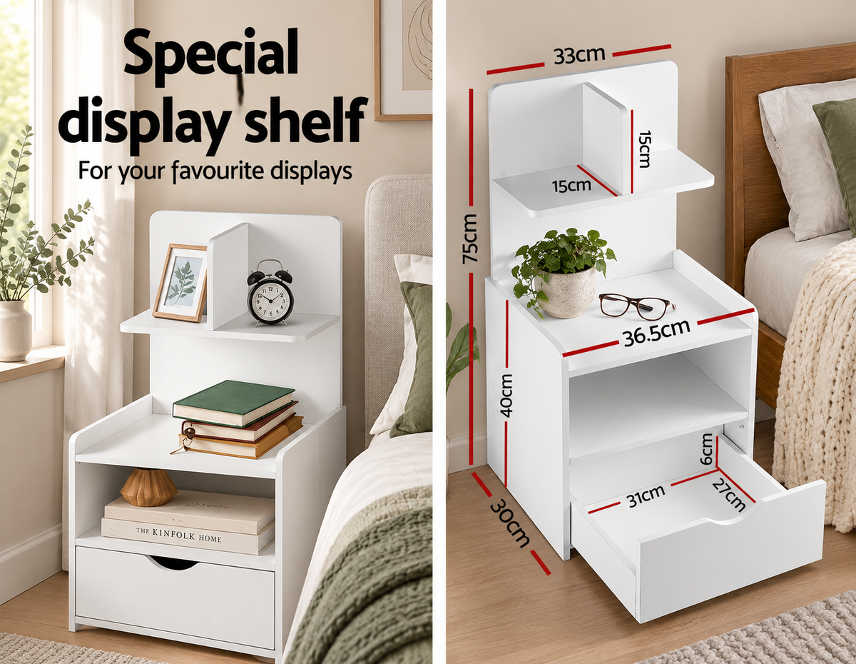 Artiss Bedside Table 1 Drawer with Shelves - EVERMORE White