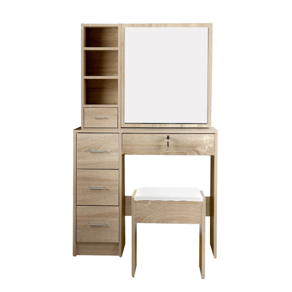 Sliding Mirrored Oak Dressing Table Set.