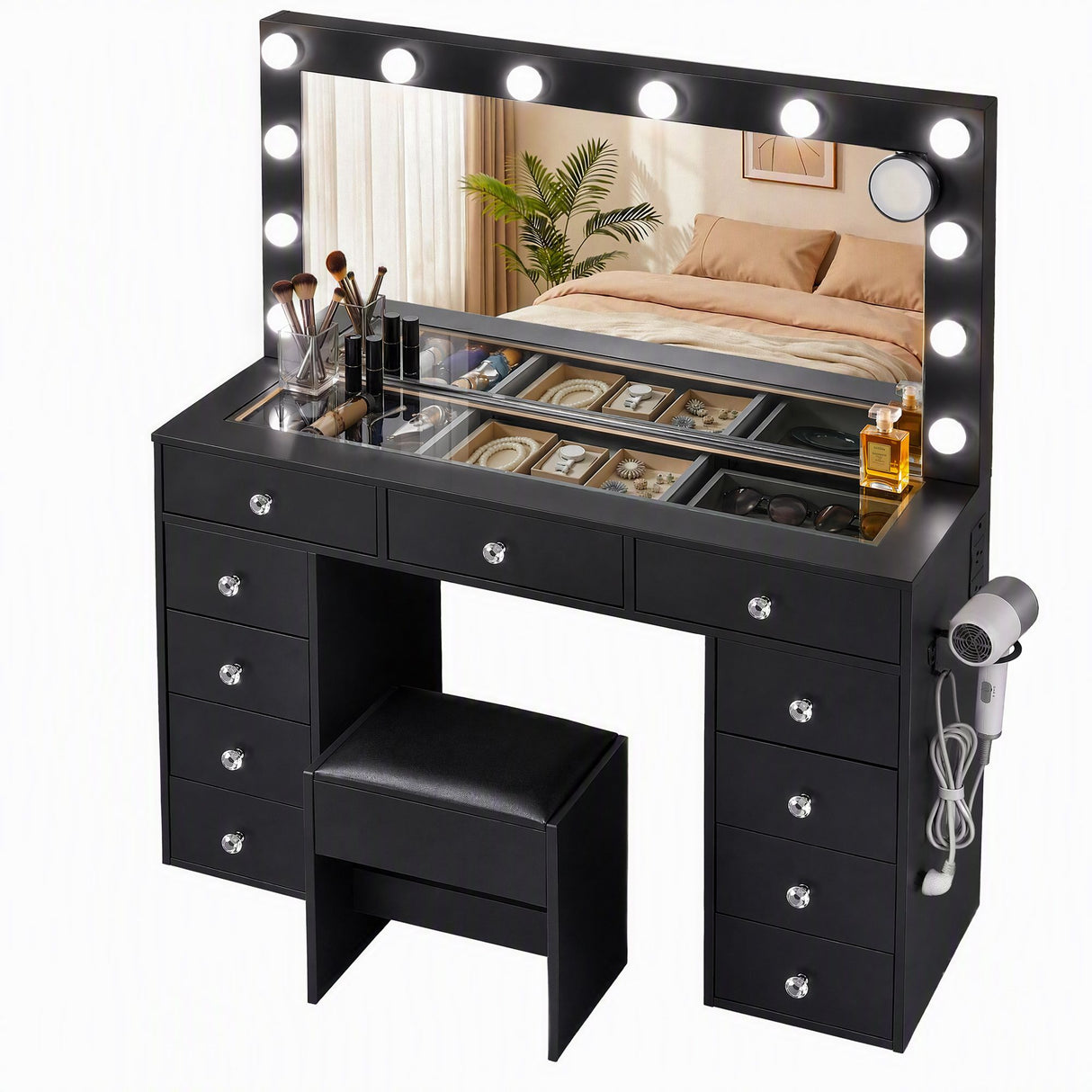 Artiss Dressing Table Charging Station LED Vanity Desk Set Stool Glass Top Make up Mirror Storage Drawer Black