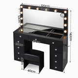Artiss Dressing Table Charging Station LED Vanity Desk Set Stool Glass Top Make up Mirror Storage Drawer Black