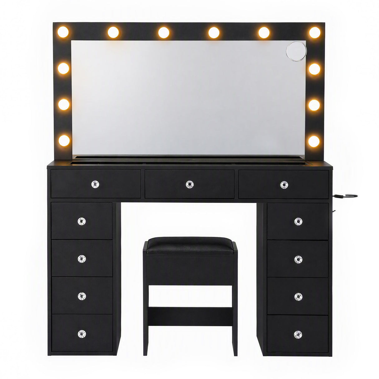 Artiss Dressing Table Charging Station LED Vanity Desk Set Stool Glass Top Make up Mirror Storage Drawer Black