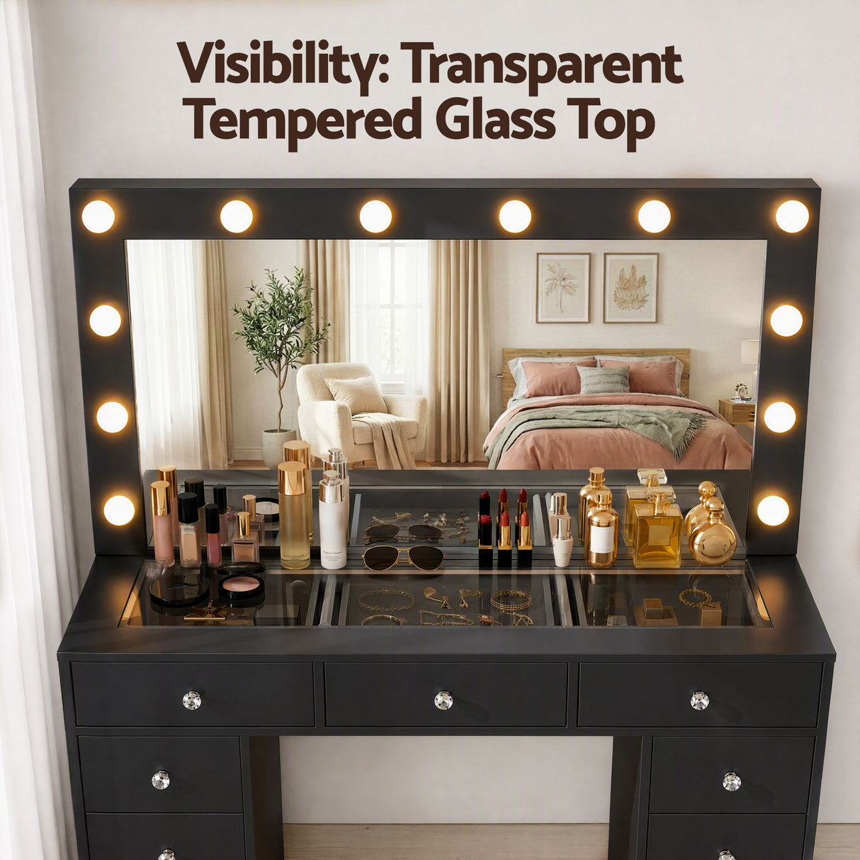 Artiss Dressing Table Charging Station LED Vanity Desk Set Stool Glass Top Make up Mirror Storage Drawer Black