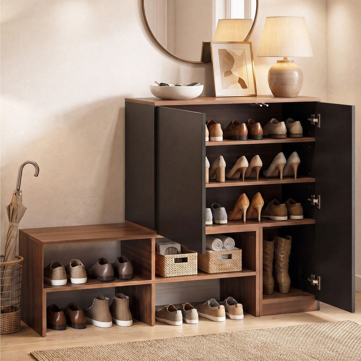 Artiss 2-IN-1 Shoe Cabinet Bench w/ Adjustable Shelf Hallway Walnut & Black