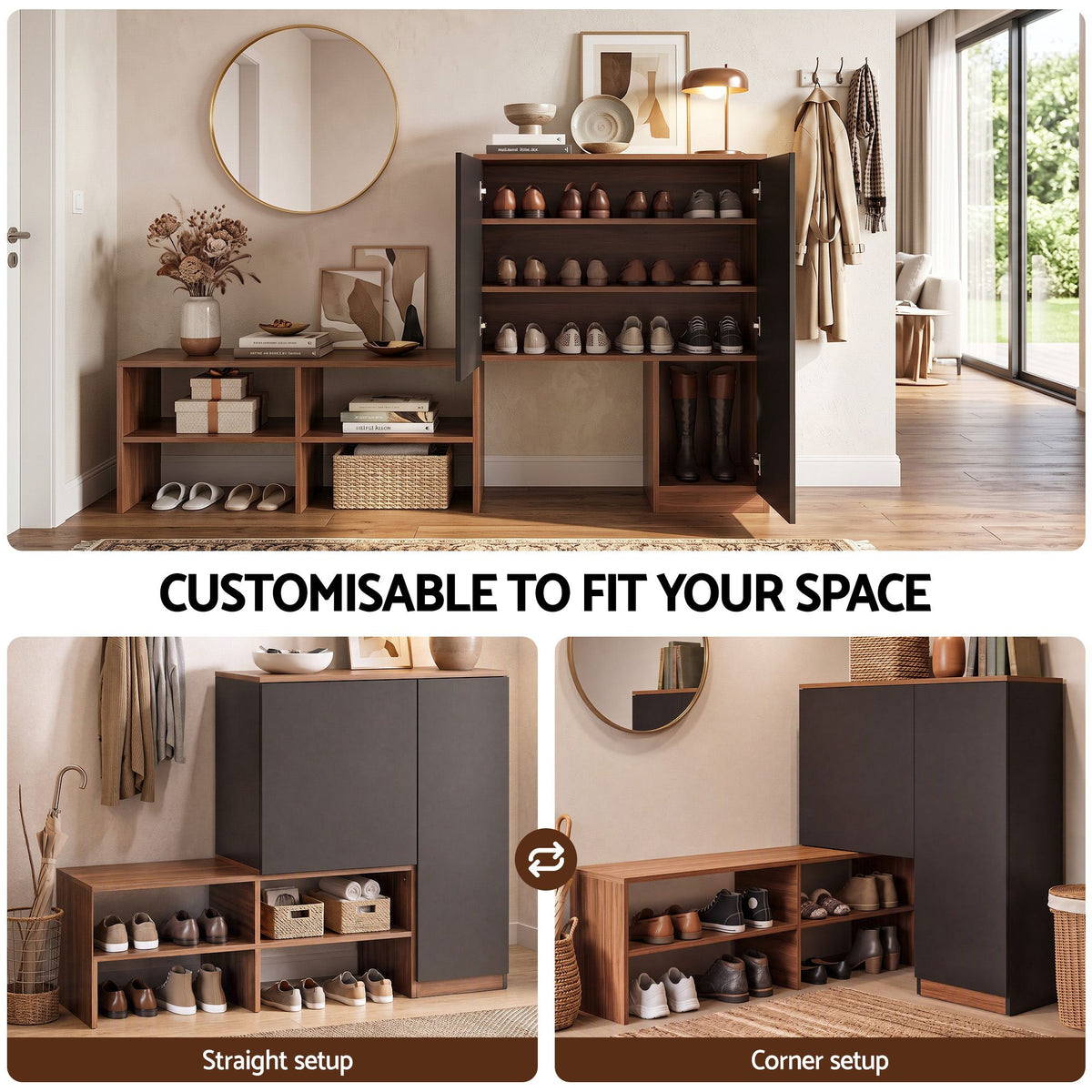 Artiss 2-IN-1 Shoe Cabinet Bench w/ Adjustable Shelf Hallway Walnut & Black