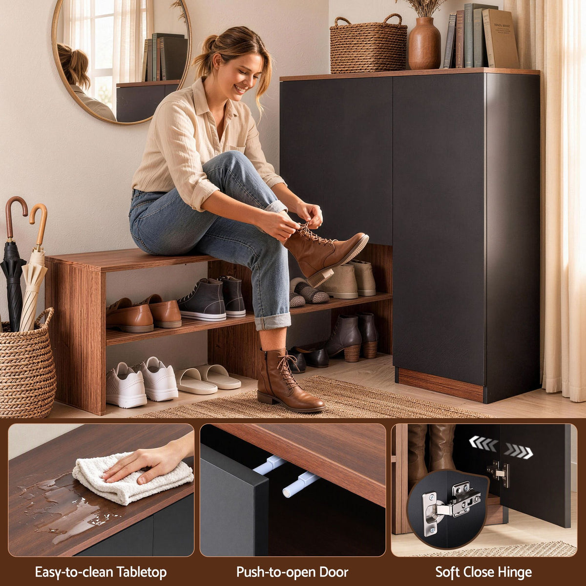 Artiss 2-IN-1 Shoe Cabinet Bench w/ Adjustable Shelf Hallway Walnut & Black