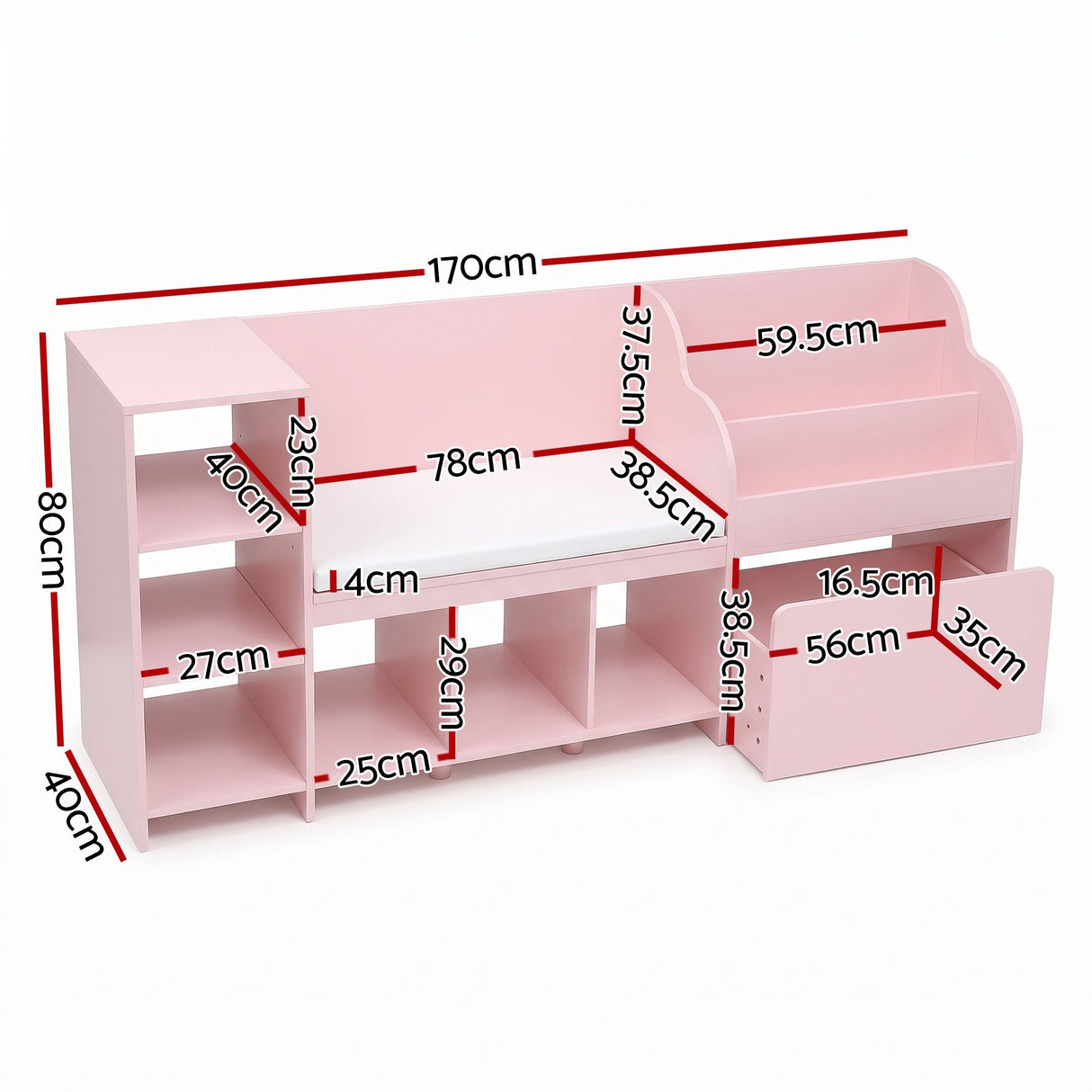 Keezi Kids Storage Unit Bookshelf Toy Box Organiser Bench Seat Cabinet 170cm Pink