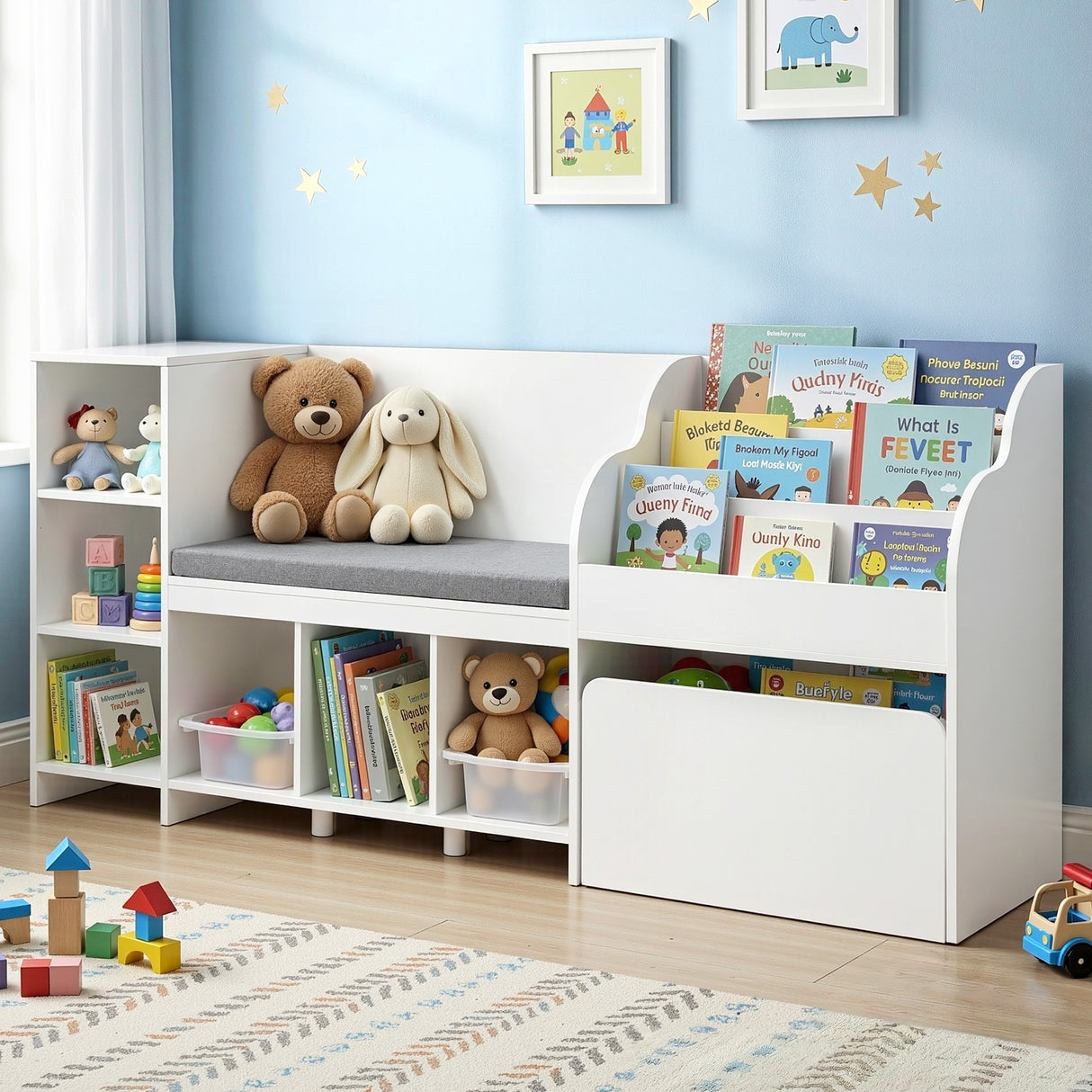 Keezi Kids Storage Unit Bookshelf Toy Box Organiser Bench Seat Cabinet 170cm White