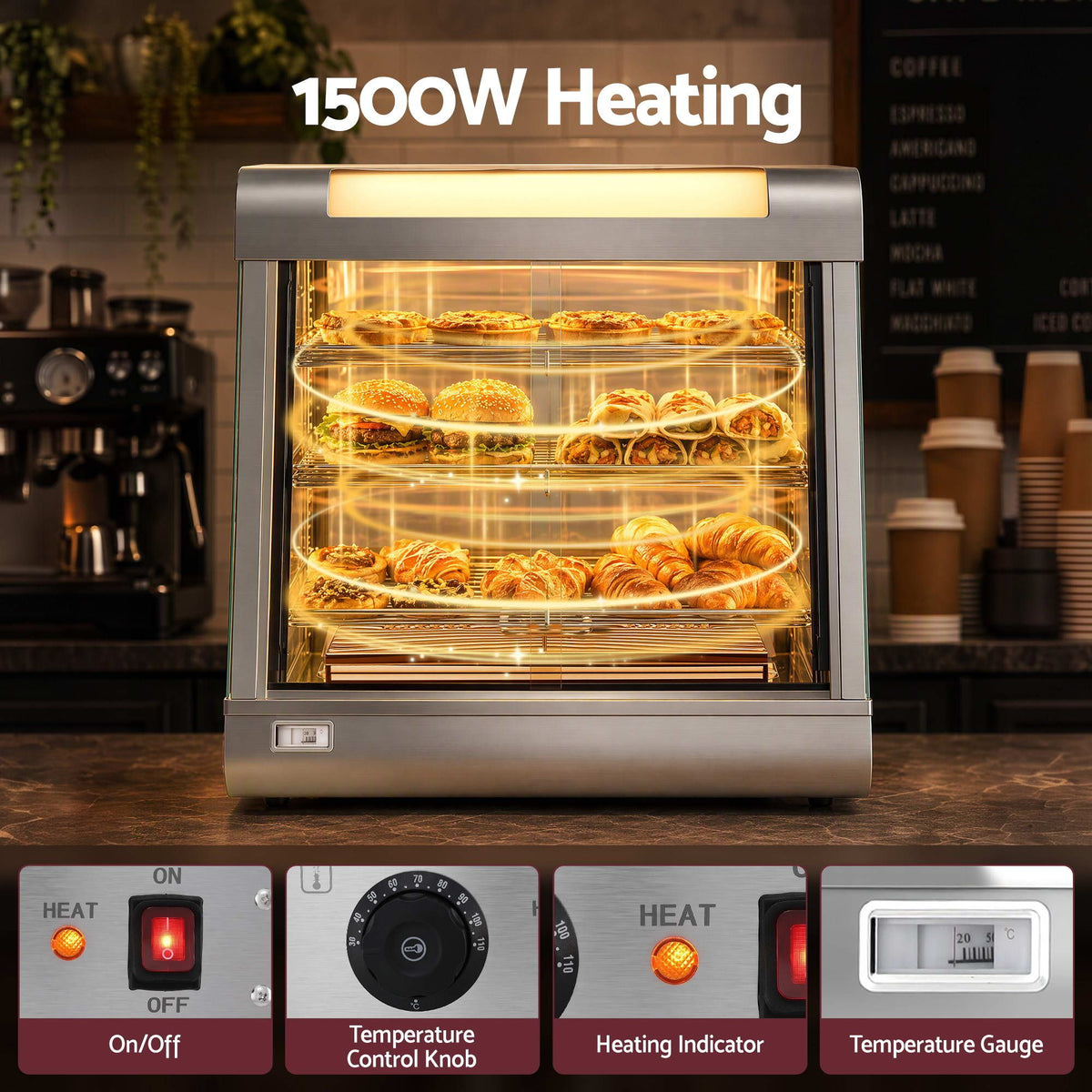 Devanti Commercial Food Warmer 1500W 3 Shelf Heated Display Cabinet