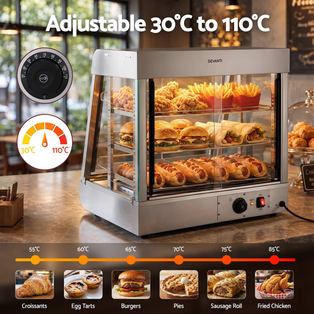 Devanti Commercial Food Warmer 1500W 3 Shelf Heated Display Cabinet