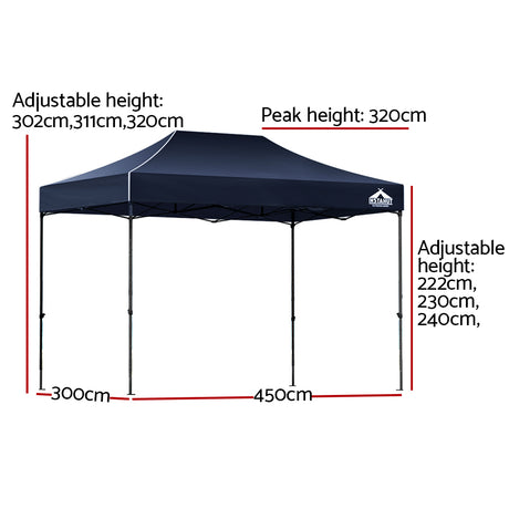 Instahut Gazebo Pop Up Marquee 3x4.5m Folding Tent Camping 500D Oxford Navy