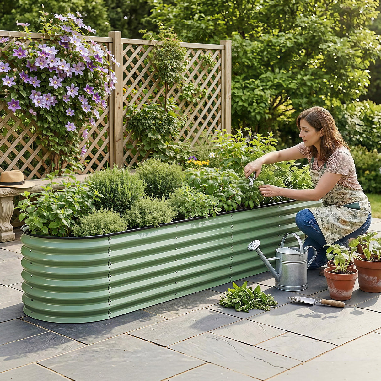 Green Fingers Oval Raised Garden Bed Galvanised Planter Box Rust Resistant 240x60x45cm Green
