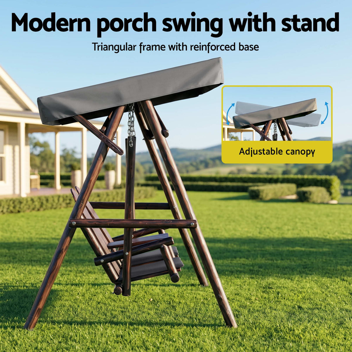Gardeon Outdoor Wooden Swing Chair with Canopy Middle Table Charcoal