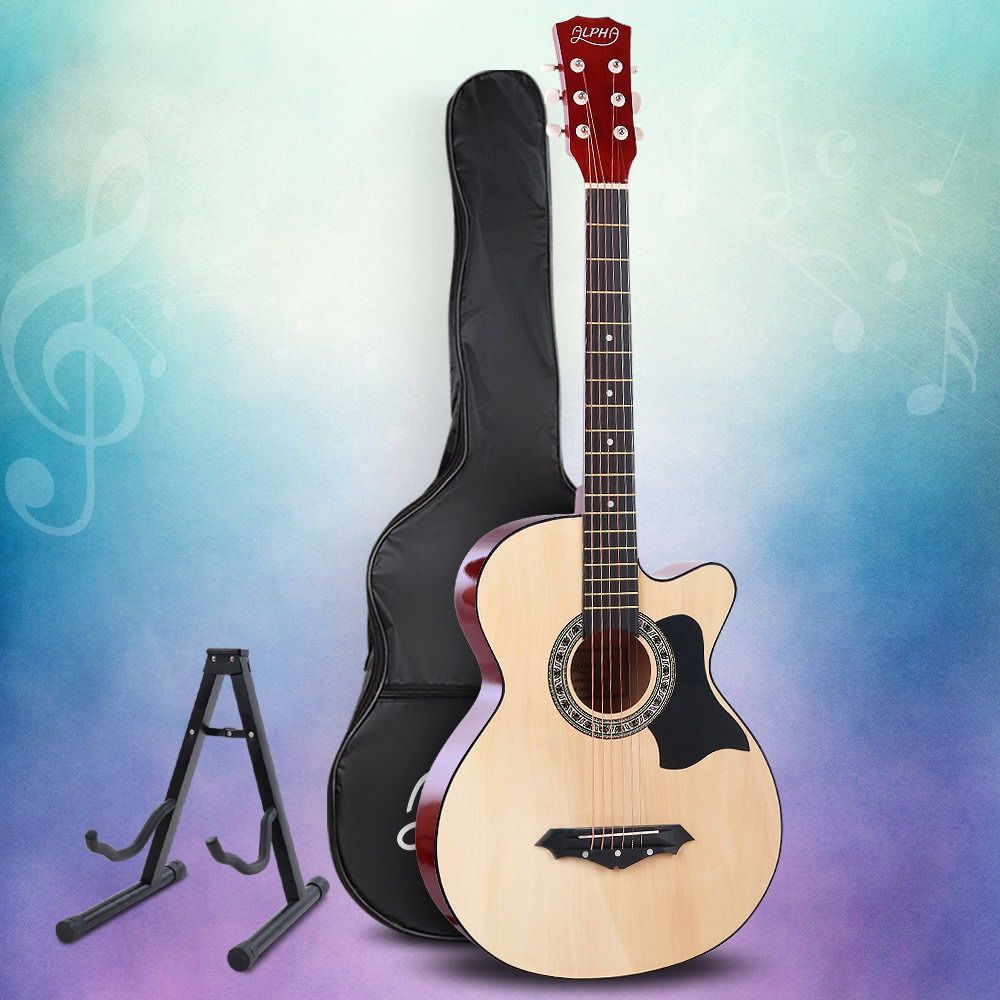 Alpha 38 Inch Acoustic Guitar Wooden Body Steel String Full Size w/ Stand Wood Natural