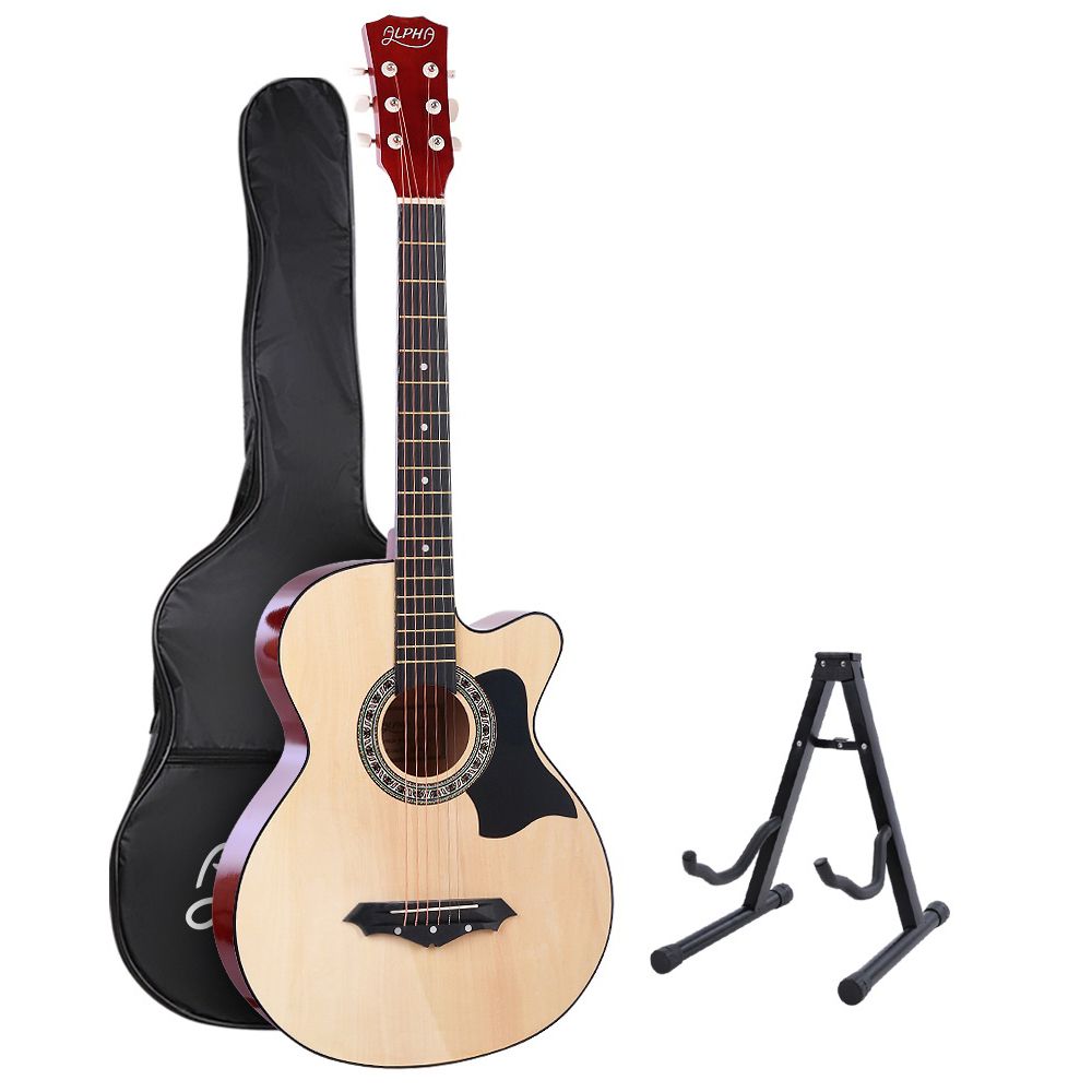 Alpha 38 Inch Acoustic Guitar Wooden Body Steel String Full Size w/ Stand Wood Natural