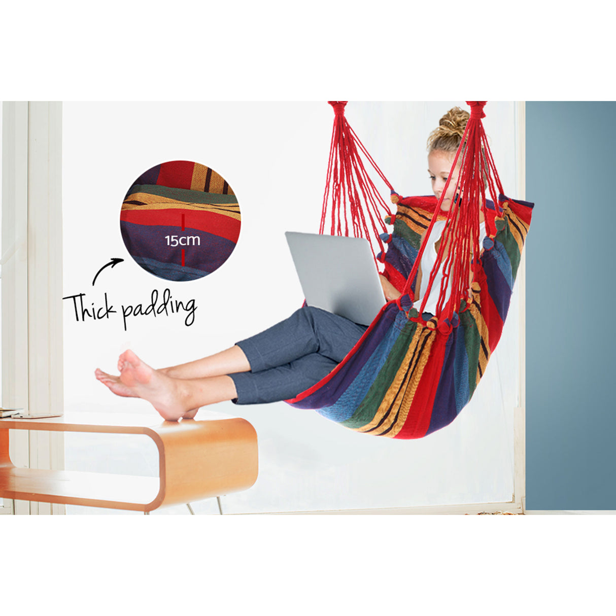 Gardeon Hammock Chair Outdoor Camping Hanging Hammocks Cushion Pillow Rainbow