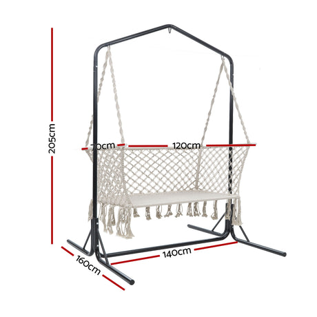 Gardeon Hammock Chair with Stand Macrame Outdoor Garden 2 Seater Cream
