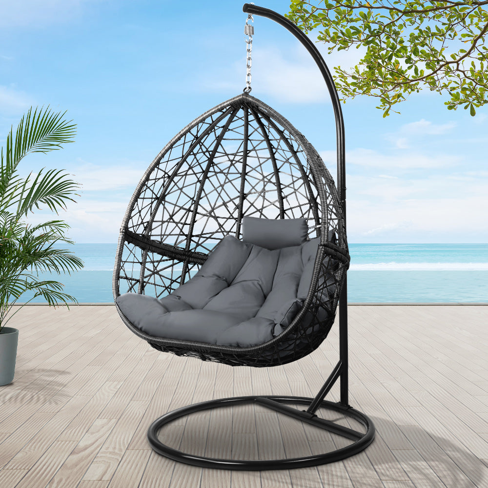 Gardeon Outdoor Egg Swing Chair Wicker Rattan Furniture Pod Stand Cushion Grey