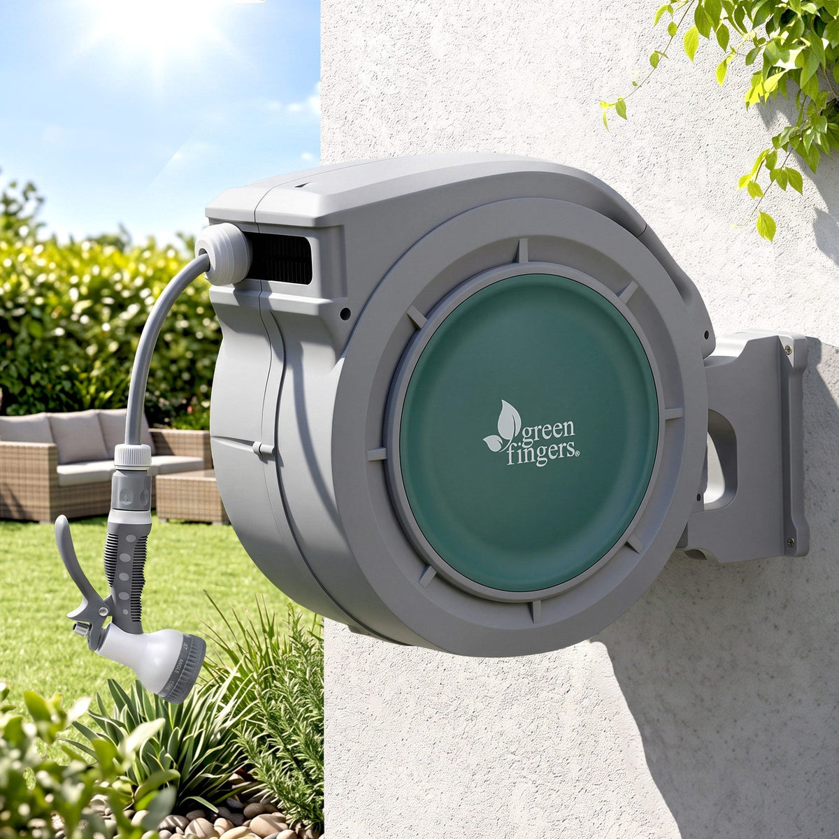 Green Fingers 20m Retractable Water Hose Reel, Wall Mounted Garden Hose 9-Pattern Nozzle