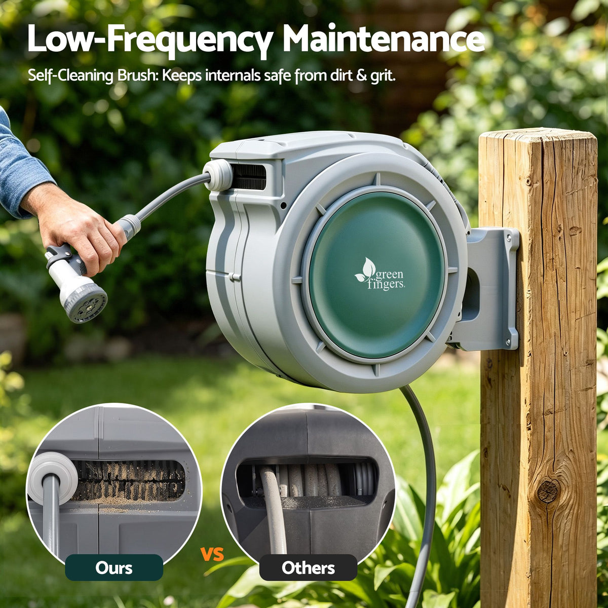 Green Fingers 20m Retractable Water Hose Reel, Wall Mounted Garden Hose 9-Pattern Nozzle