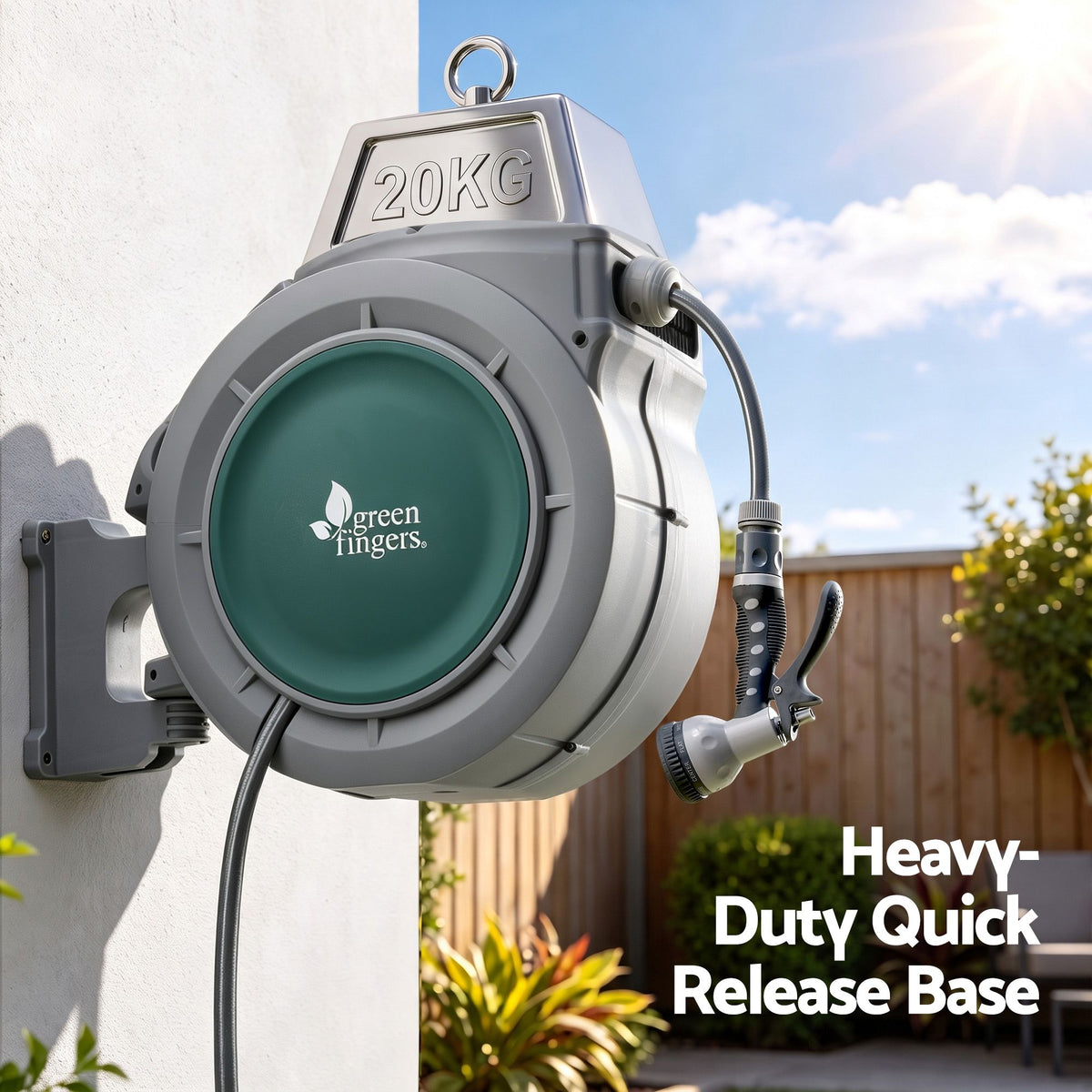 Green Fingers 30m Retractable Water Hose Reel, Wall Mounted Garden Hose 9-Pattern Nozzle