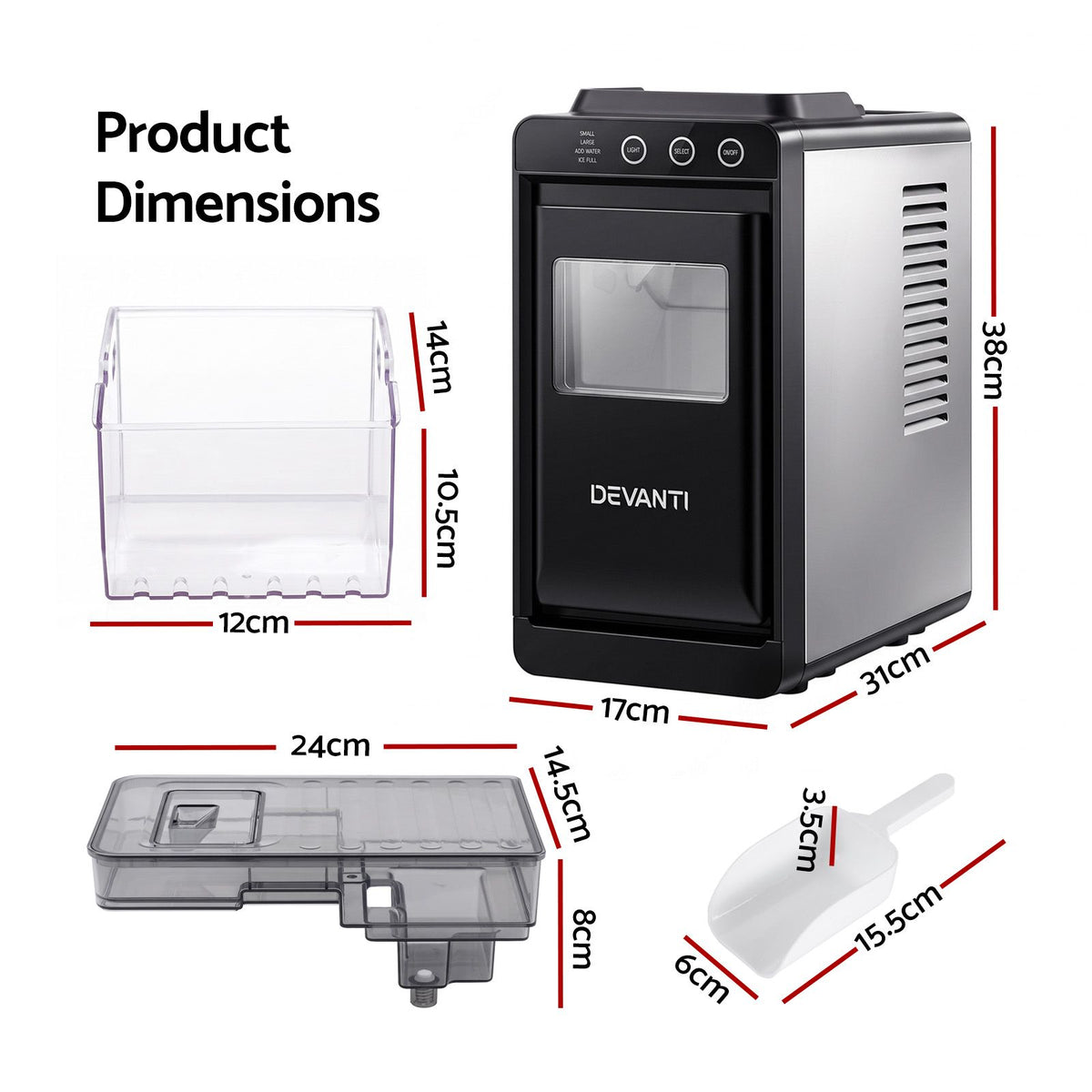 Devanti Ice Maker Ice Slim Compact Countertop Machine 12KG/24H for Home