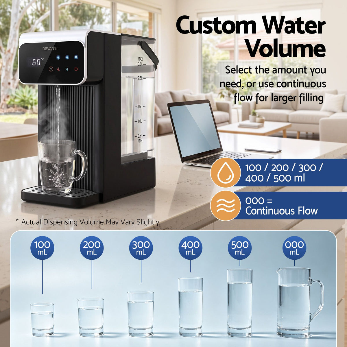 Devanti Instant Hot Water Dispenser 3L Heating Kettle 2400W Touch Control Water Black