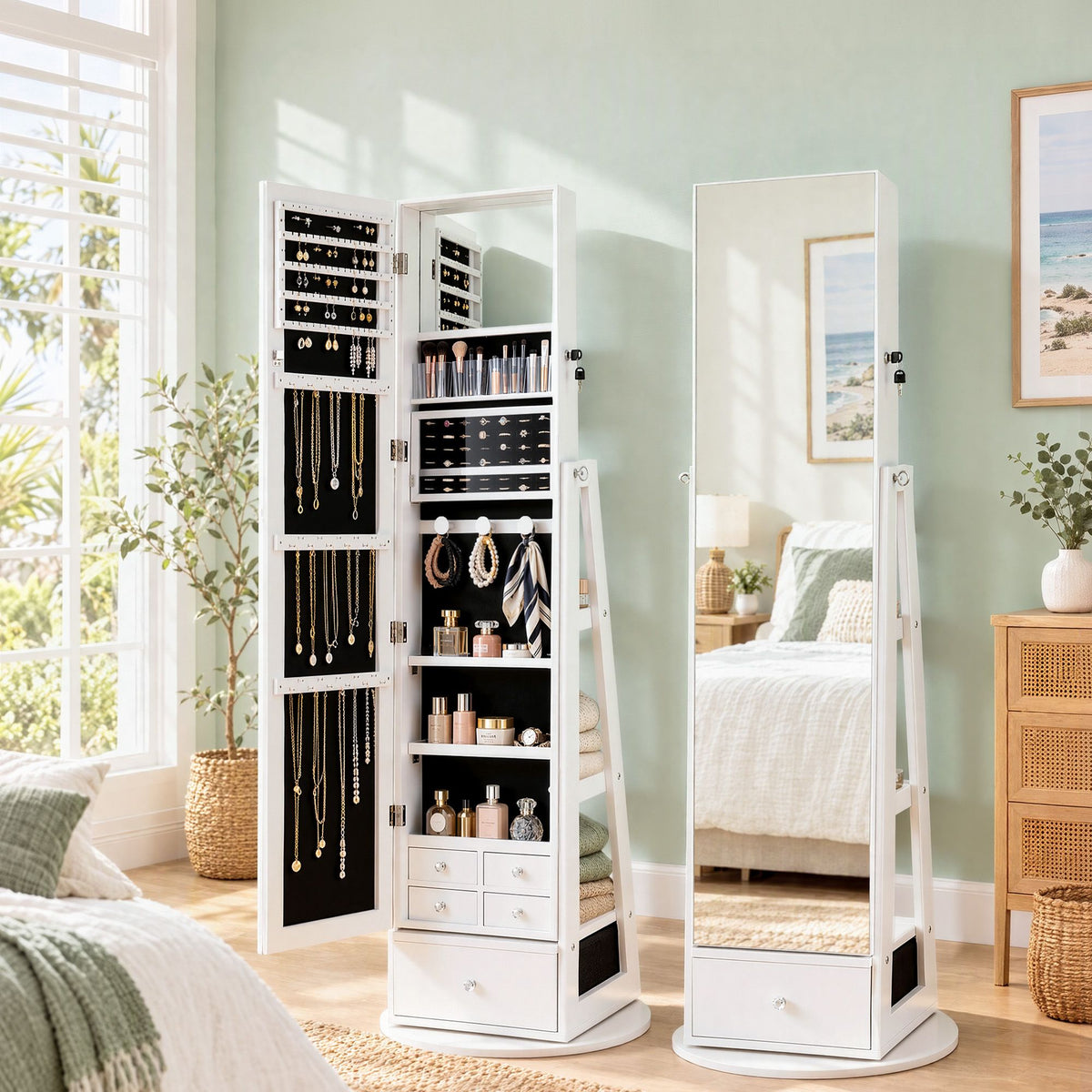 Artiss 360° Rotating Jewelry Cabinet Full Length Mirror, White