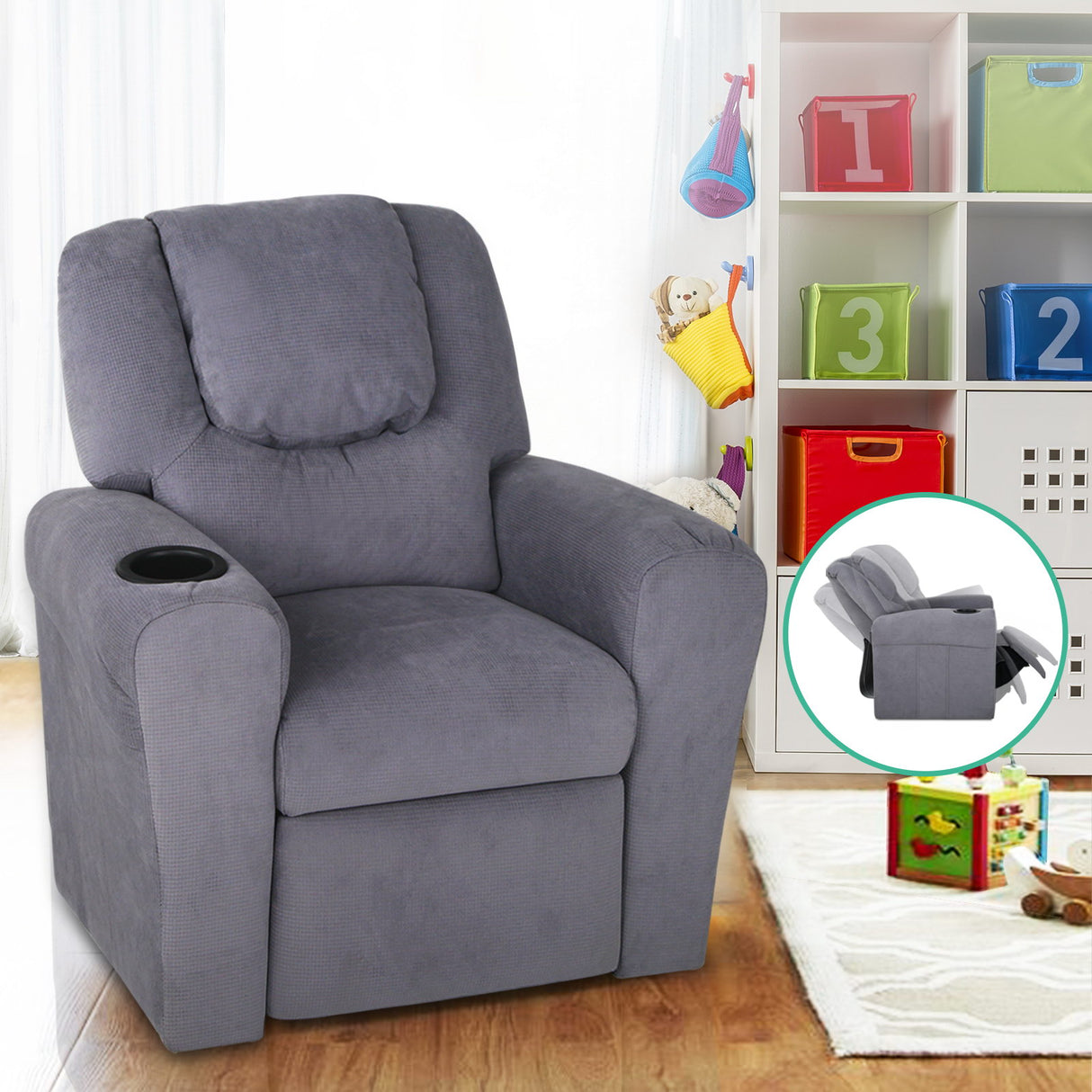 Keezi Kids Recliner Chair Linen Soft Sofa Lounge Couch Children Armchair Grey