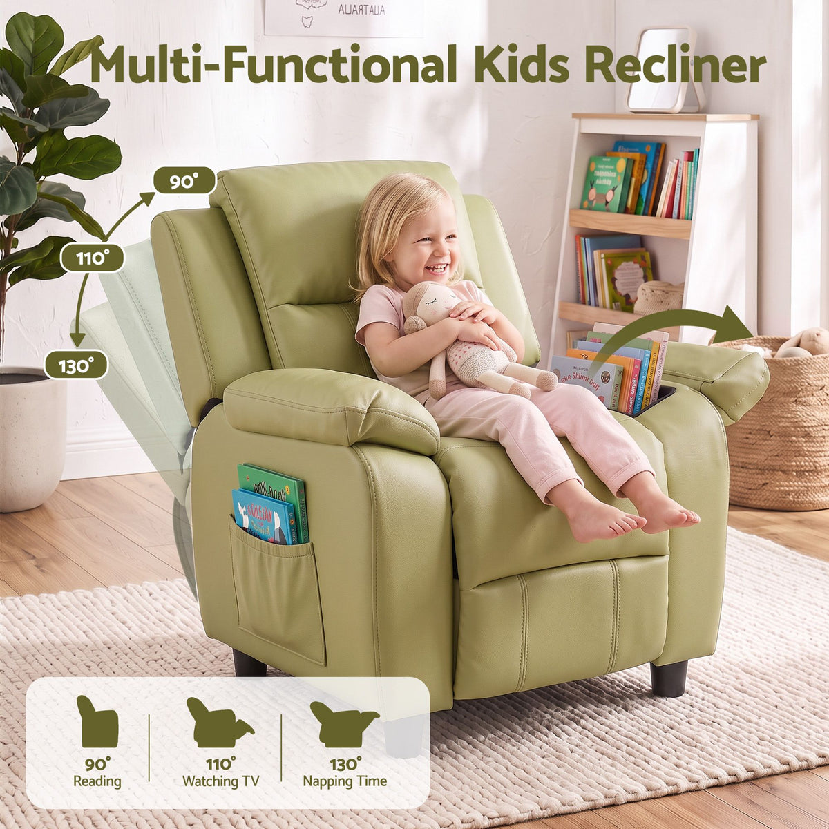 Keezi Kids Recliner Chair PU Leather Toddler Lounge Adjustable Backrest w/ Armrest Storage & 2 Side Pockets Green